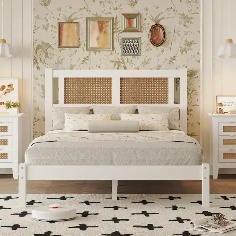 White Wood Platform Bed with Woven Rattan Headboard Bohemian Style