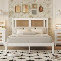 White Wood Platform Bed with Woven Rattan Headboard Bohemian Style