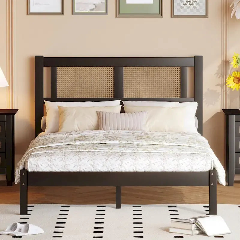 White Wood Platform Bed with Woven Rattan Headboard Bohemian Style