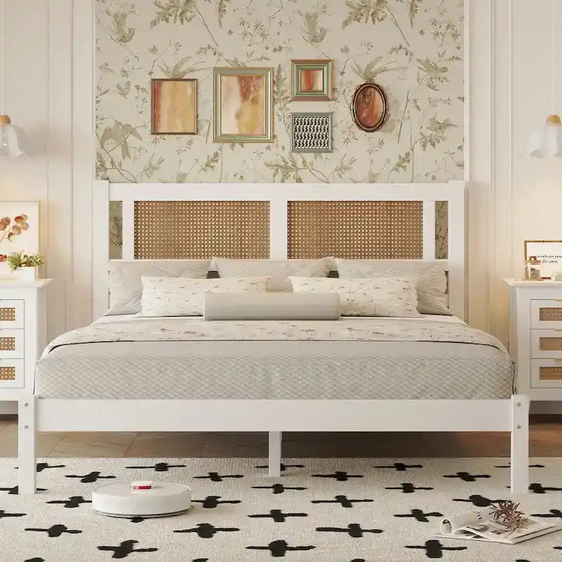 White Wood Platform Bed with Woven Rattan Headboard Bohemian Style
