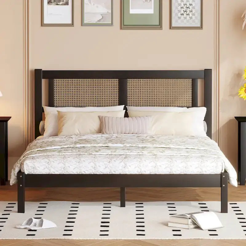 White Wood Platform Bed with Woven Rattan Headboard Bohemian Style