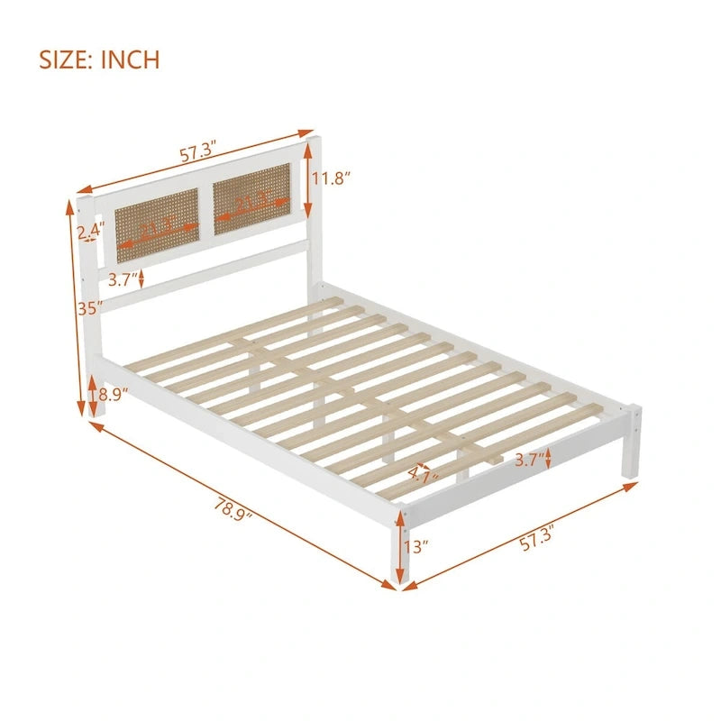 White Wood Platform Bed with Woven Rattan Headboard Bohemian Style