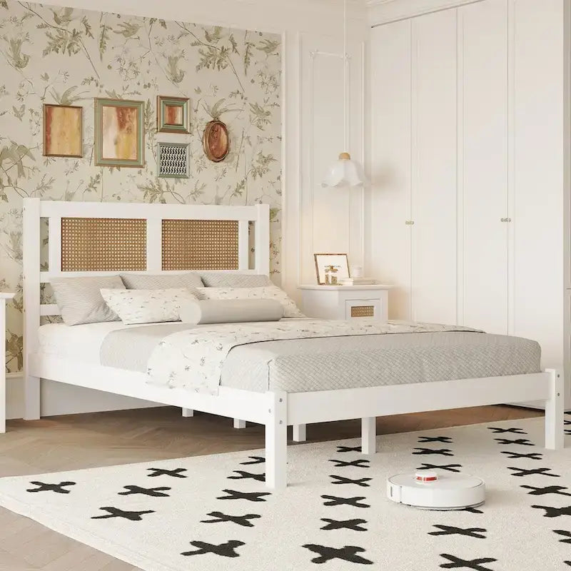 White Wood Platform Bed with Woven Rattan Headboard Bohemian Style