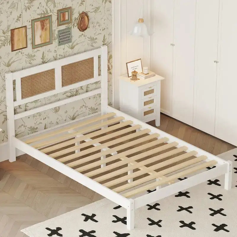 White Wood Platform Bed with Woven Rattan Headboard Bohemian Style