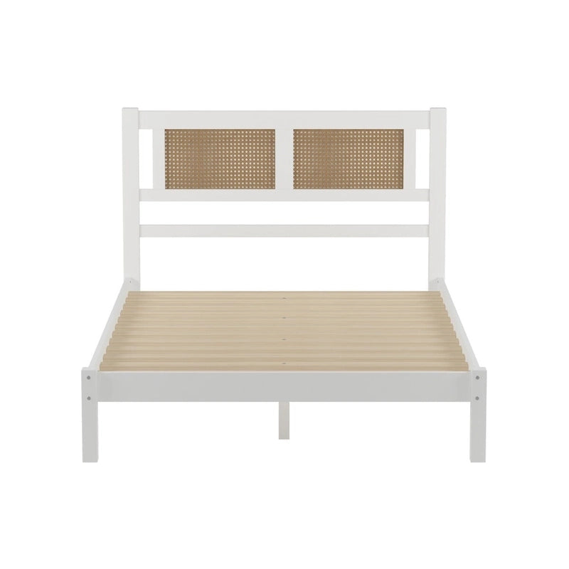 White Wood Platform Bed with Woven Rattan Headboard Bohemian Style