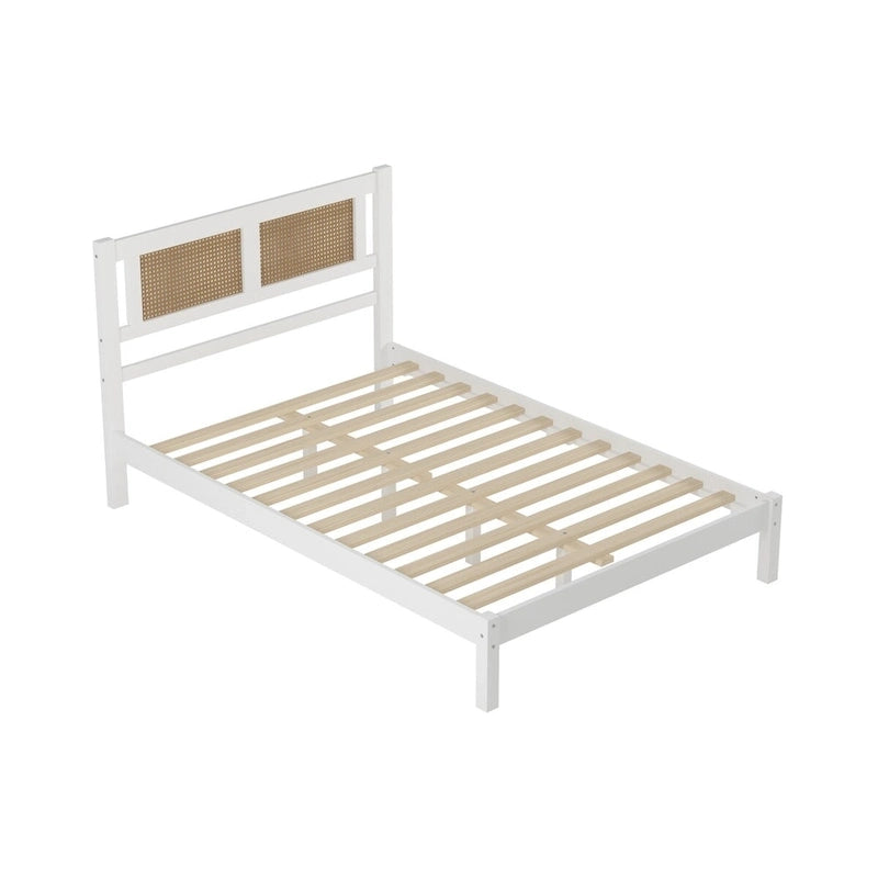 White Wood Platform Bed with Woven Rattan Headboard Bohemian Style