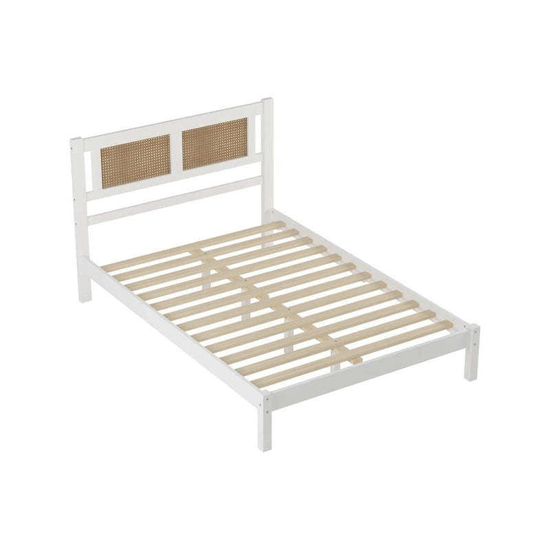 White Wood Platform Bed with Woven Rattan Headboard Bohemian Style