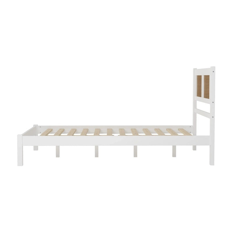 White Wood Platform Bed with Woven Rattan Headboard Bohemian Style