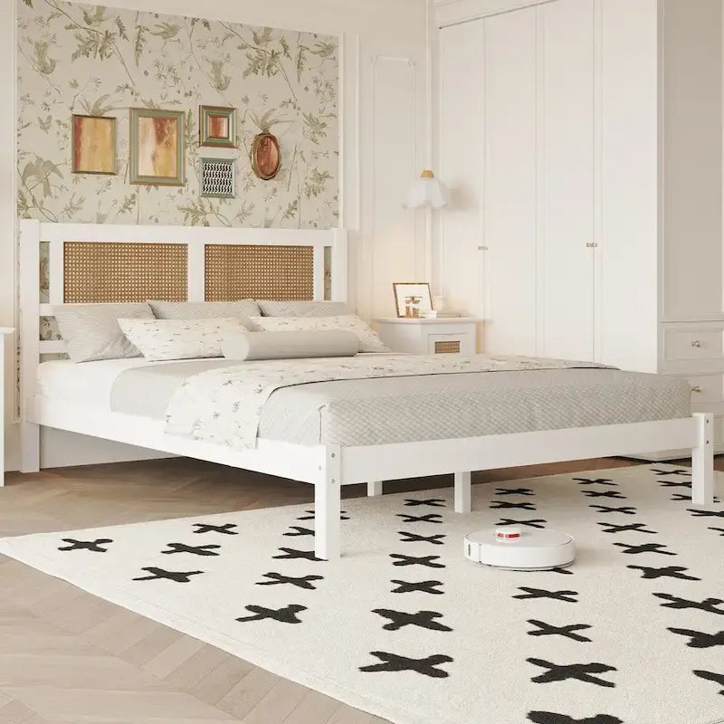 White Wood Platform Bed with Woven Rattan Headboard Bohemian Style