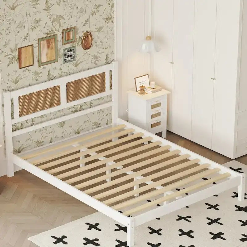 White Wood Platform Bed with Woven Rattan Headboard Bohemian Style