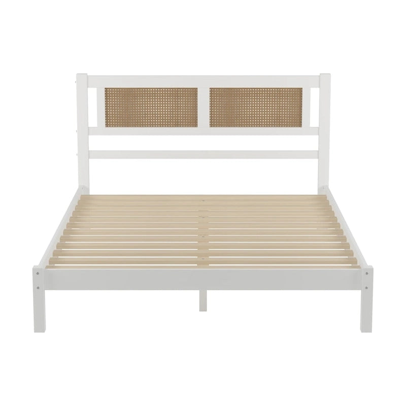 White Wood Platform Bed with Woven Rattan Headboard Bohemian Style