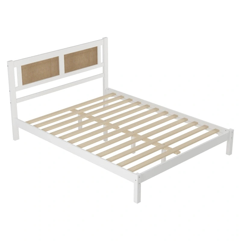 White Wood Platform Bed with Woven Rattan Headboard Bohemian Style