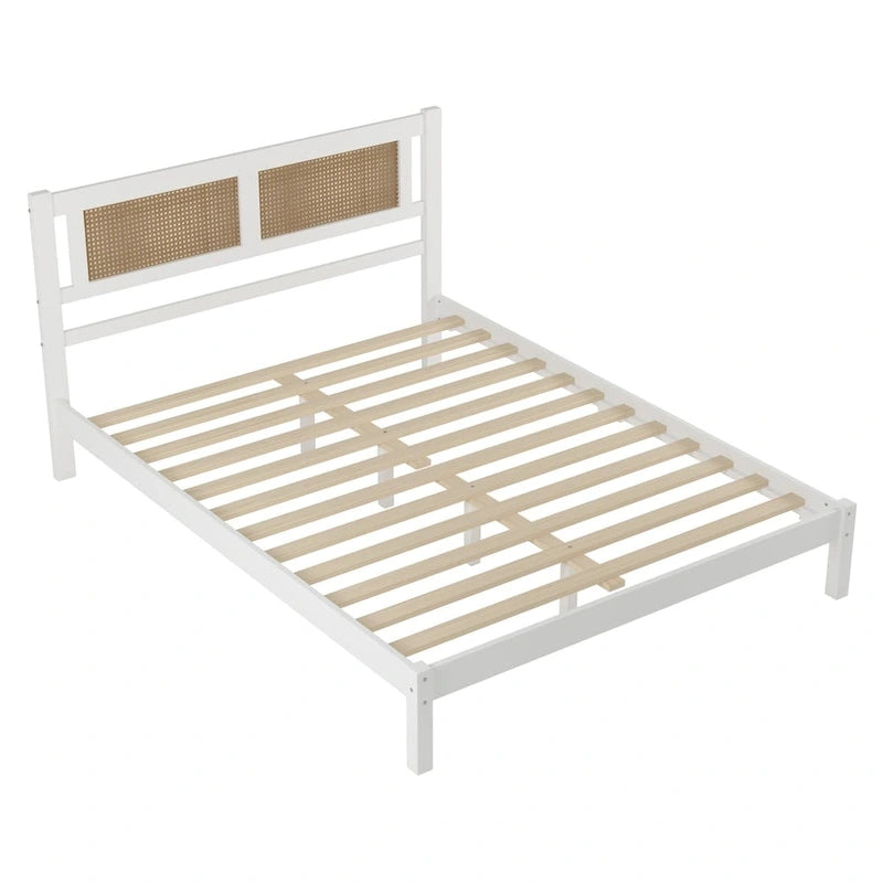 White Wood Platform Bed with Woven Rattan Headboard Bohemian Style