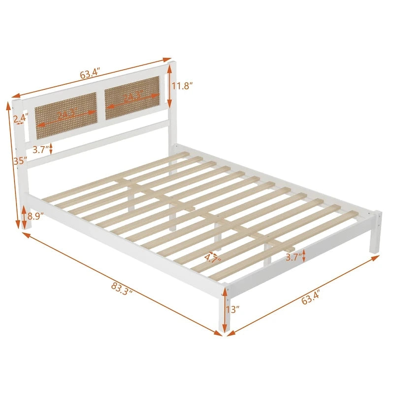 White Wood Platform Bed with Woven Rattan Headboard Bohemian Style
