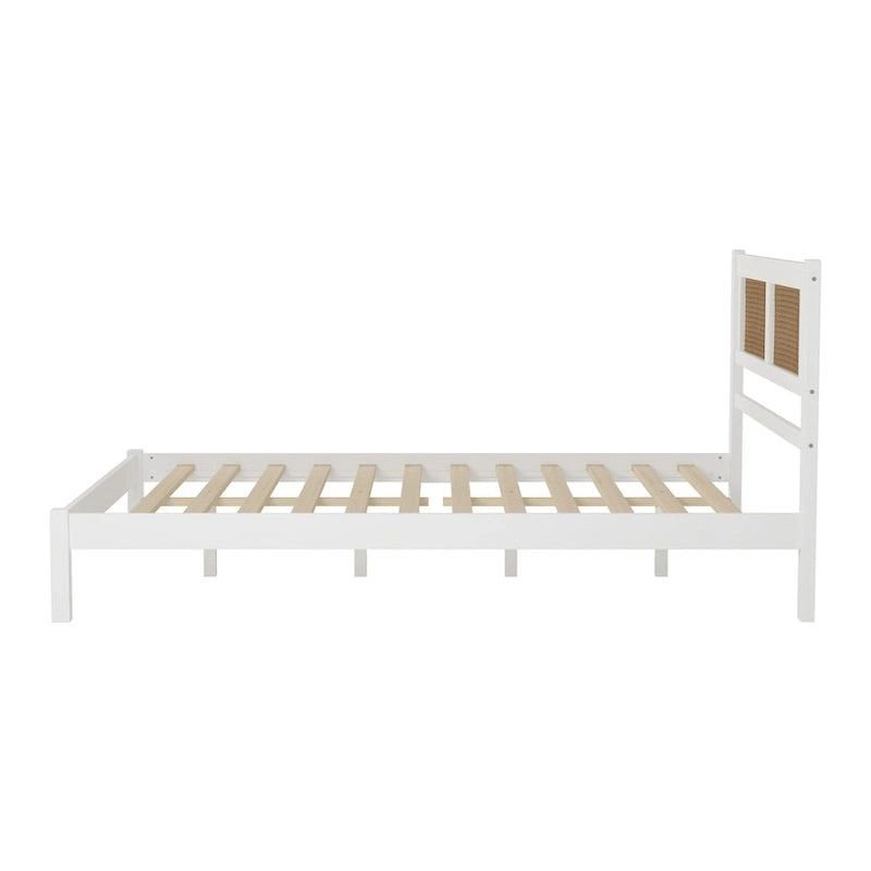 White Wood Platform Bed with Woven Rattan Headboard Bohemian Style