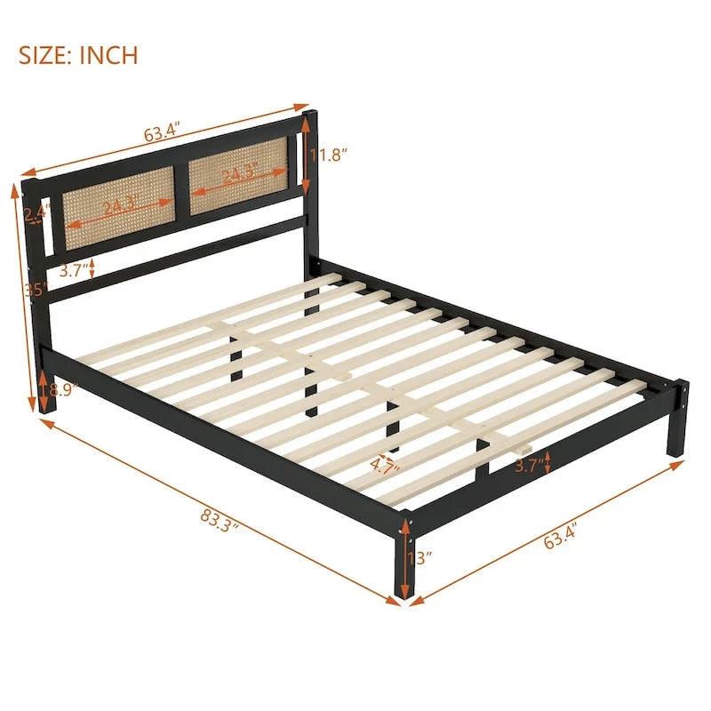 White Wood Platform Bed with Woven Rattan Headboard Bohemian Style