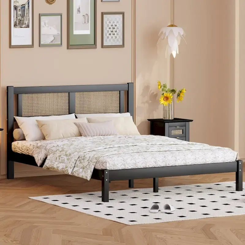 White Wood Platform Bed with Woven Rattan Headboard Bohemian Style