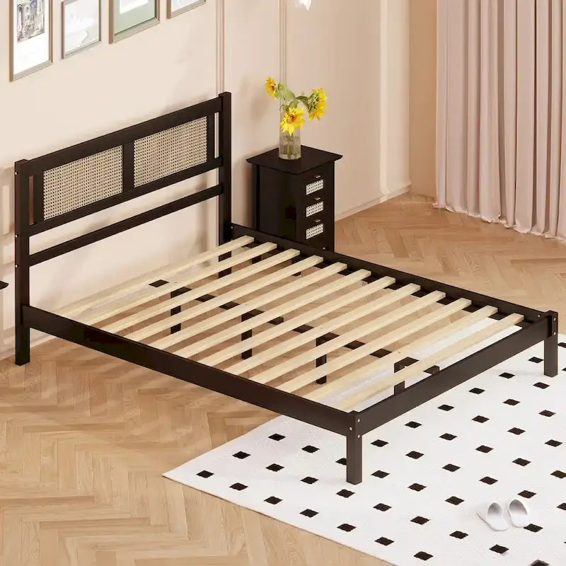 White Wood Platform Bed with Woven Rattan Headboard Bohemian Style