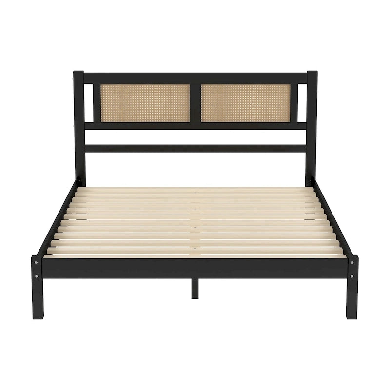 White Wood Platform Bed with Woven Rattan Headboard Bohemian Style