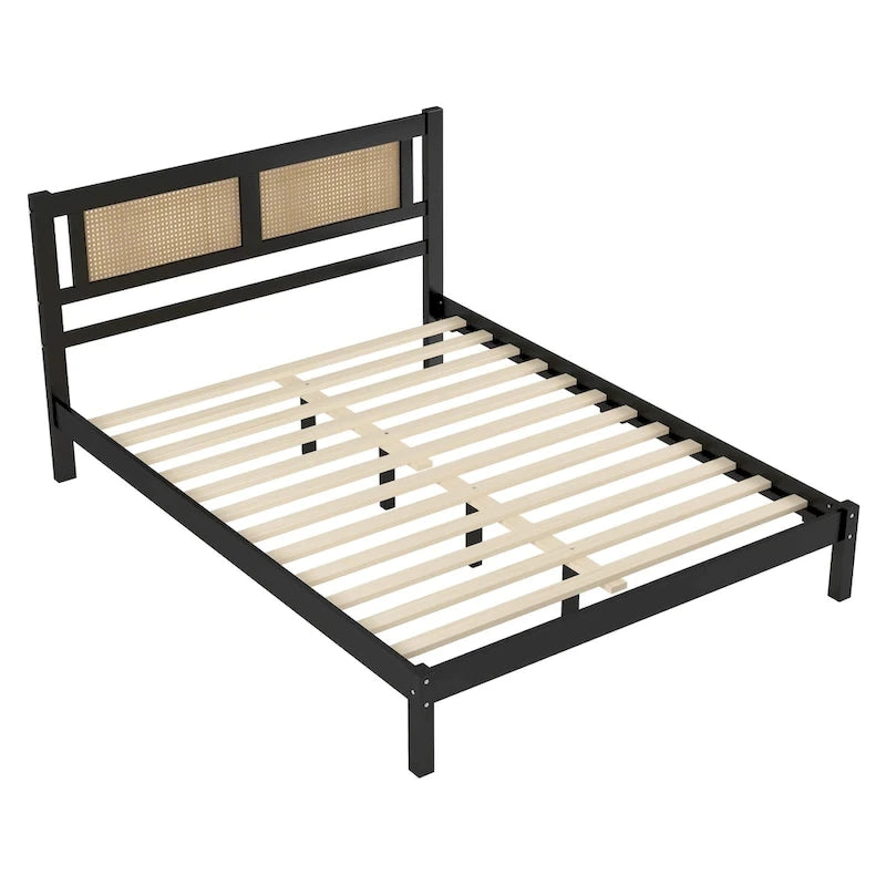 White Wood Platform Bed with Woven Rattan Headboard Bohemian Style