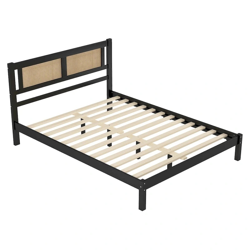 White Wood Platform Bed with Woven Rattan Headboard Bohemian Style