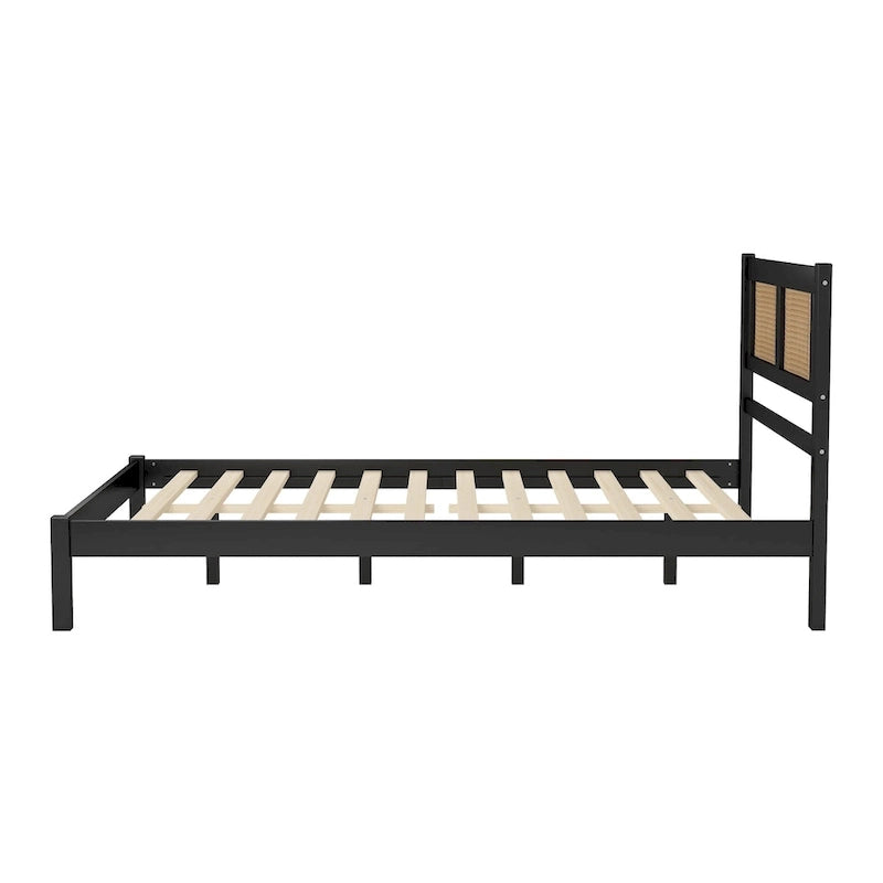 White Wood Platform Bed with Woven Rattan Headboard Bohemian Style