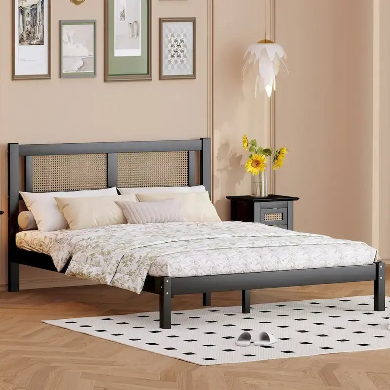 White Wood Platform Bed with Woven Rattan Headboard Bohemian Style
