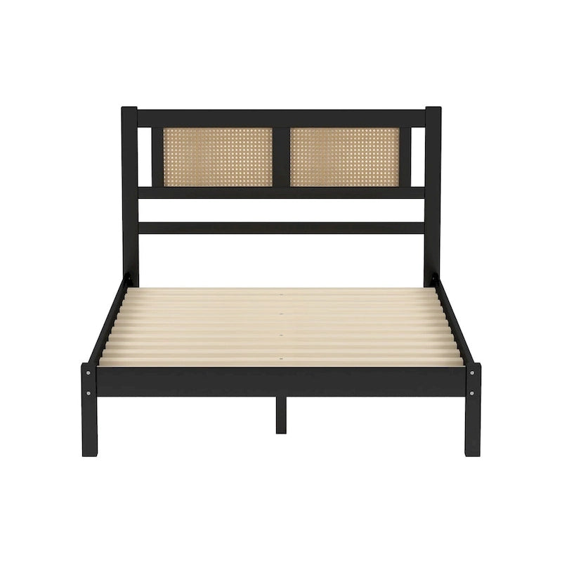 White Wood Platform Bed with Woven Rattan Headboard Bohemian Style