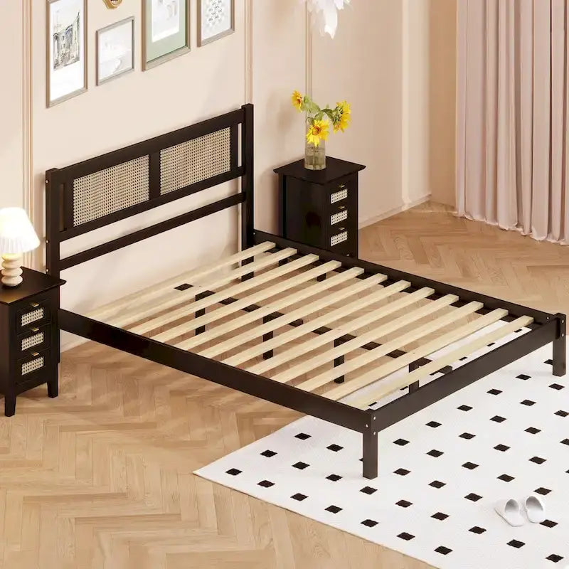 White Wood Platform Bed with Woven Rattan Headboard Bohemian Style