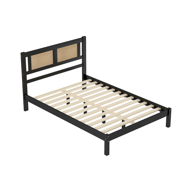 White Wood Platform Bed with Woven Rattan Headboard Bohemian Style