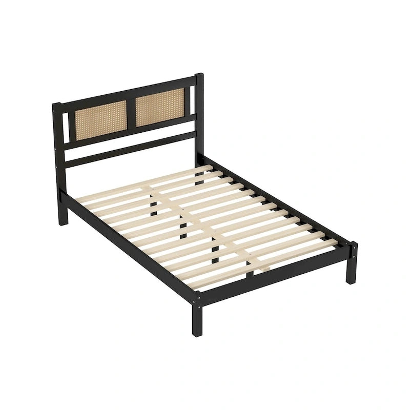 White Wood Platform Bed with Woven Rattan Headboard Bohemian Style