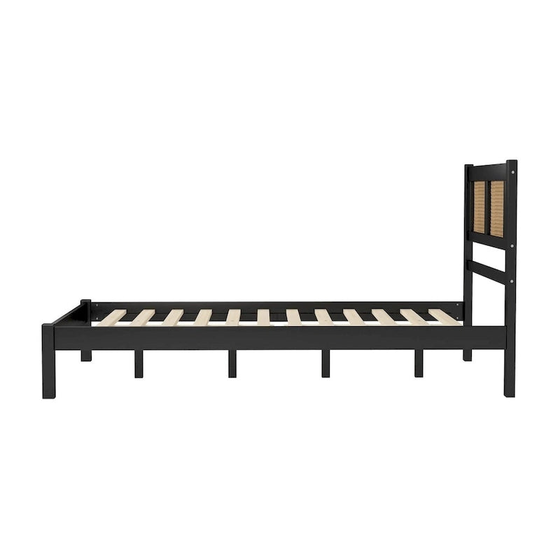 White Wood Platform Bed with Woven Rattan Headboard Bohemian Style