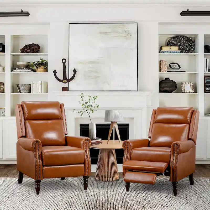 Mid-Century Genuine Leather Push-Back Recliner Armchair with Nailhead Trim
