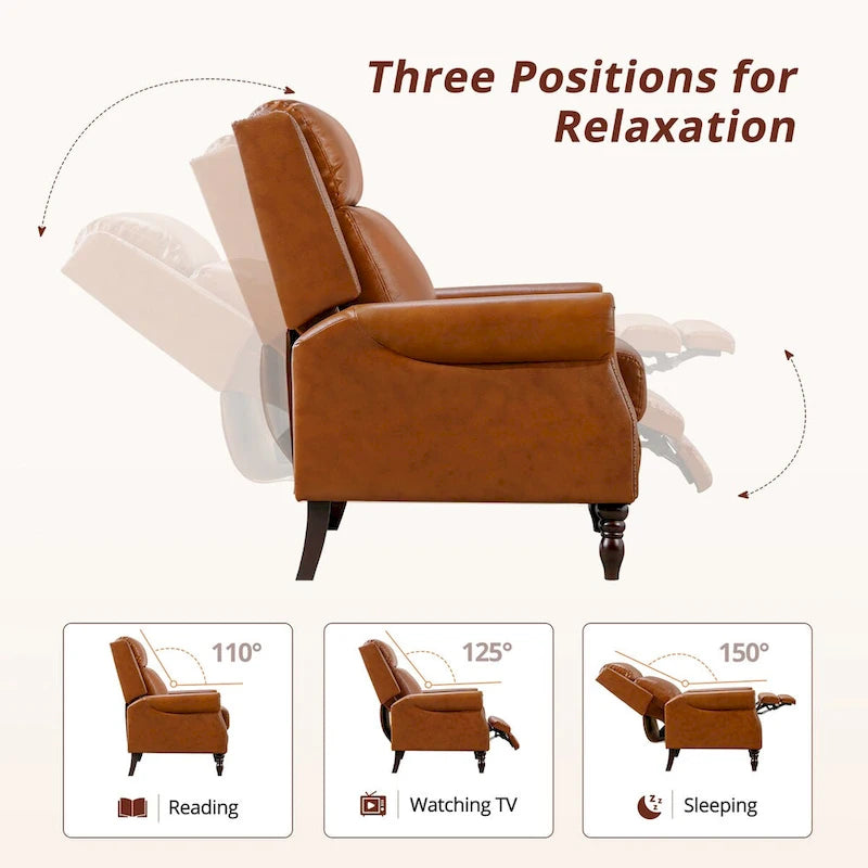 Mid-Century Genuine Leather Push-Back Recliner Armchair with Nailhead Trim