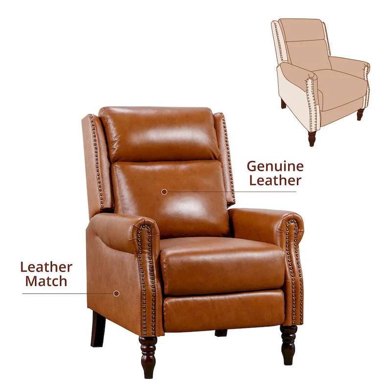 Mid-Century Genuine Leather Push-Back Recliner Armchair with Nailhead Trim