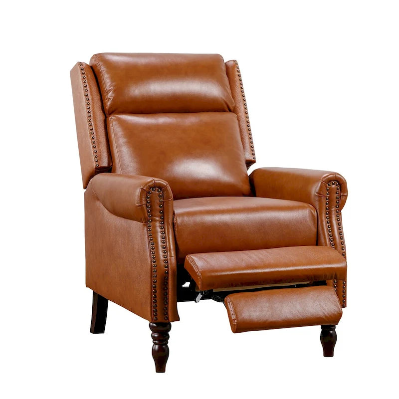 Mid-Century Genuine Leather Push-Back Recliner Armchair with Nailhead Trim