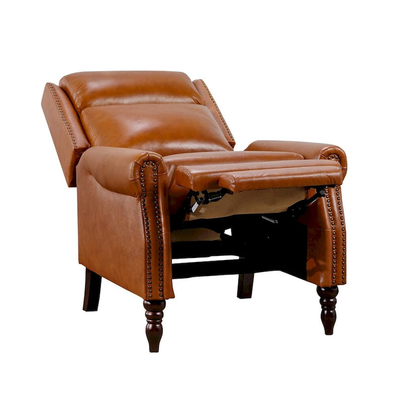 Mid-Century Genuine Leather Push-Back Recliner Armchair with Nailhead Trim