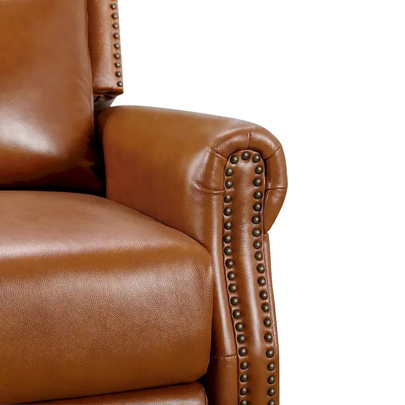Mid-Century Genuine Leather Push-Back Recliner Armchair with Nailhead Trim