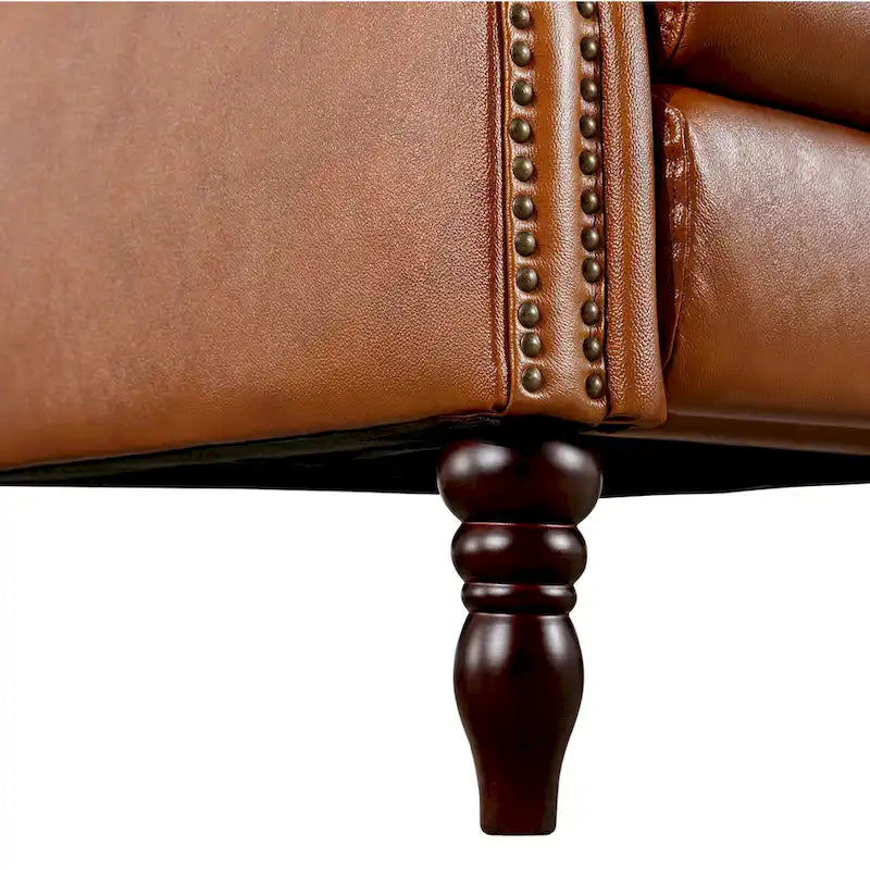 Mid-Century Genuine Leather Push-Back Recliner Armchair with Nailhead Trim