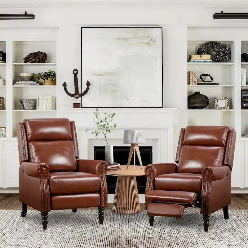 Mid-Century Genuine Leather Push-Back Recliner Armchair with Nailhead Trim