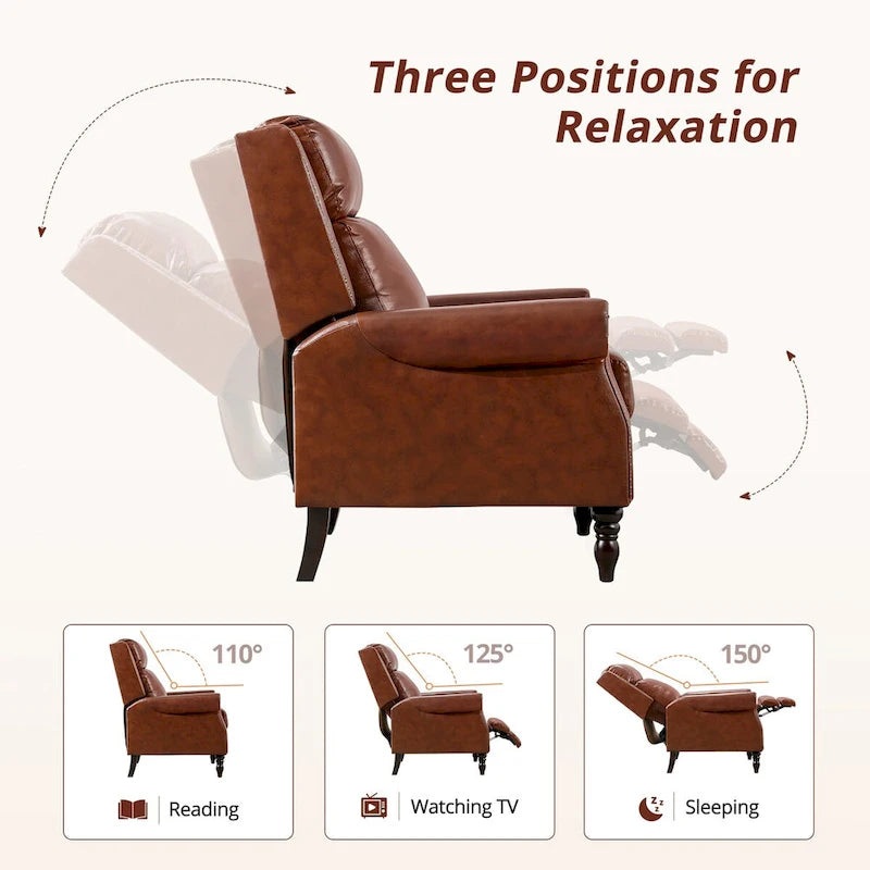 Mid-Century Genuine Leather Push-Back Recliner Armchair with Nailhead Trim