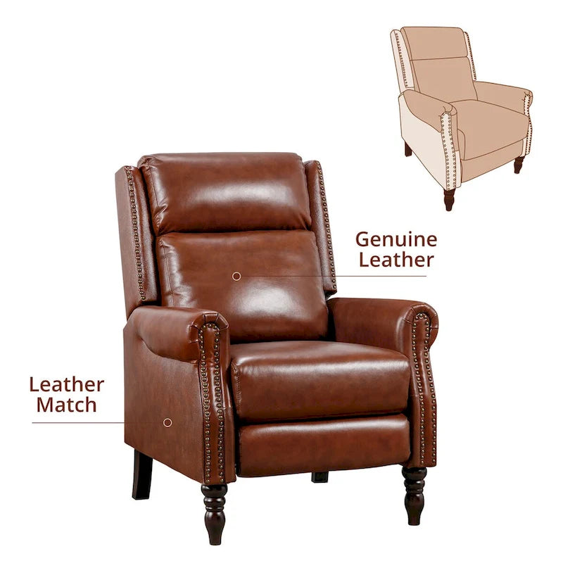 Mid-Century Genuine Leather Push-Back Recliner Armchair with Nailhead Trim