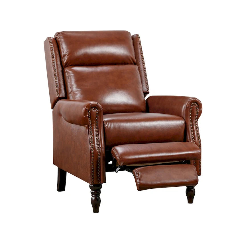 Mid-Century Genuine Leather Push-Back Recliner Armchair with Nailhead Trim