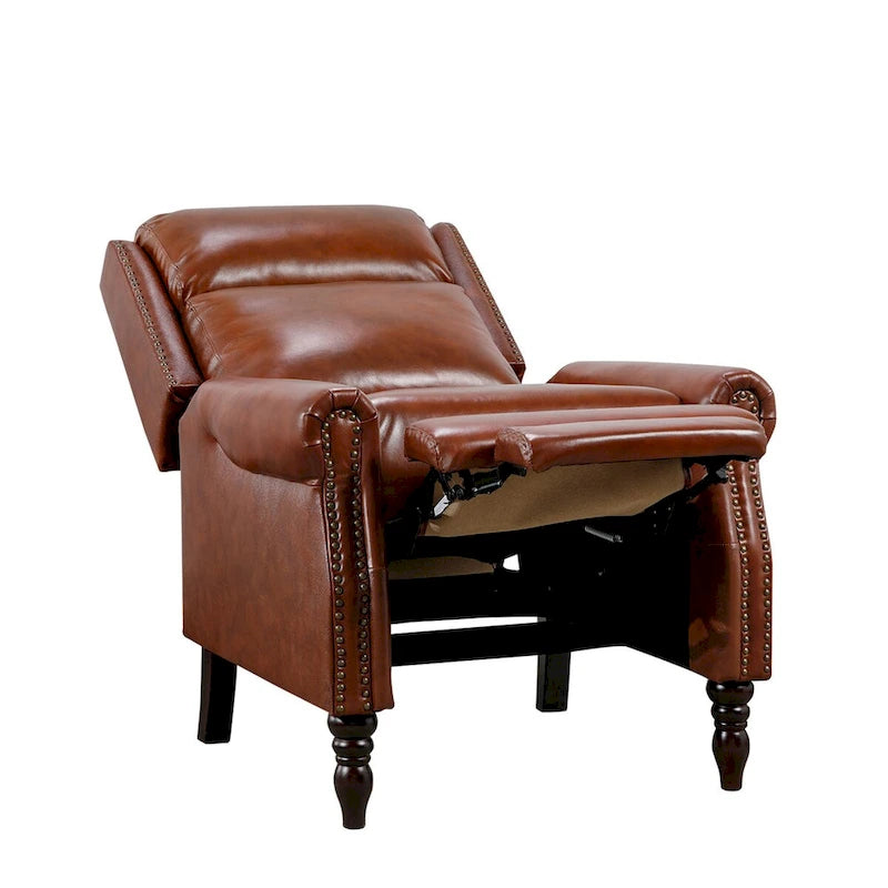 Mid-Century Genuine Leather Push-Back Recliner Armchair with Nailhead Trim