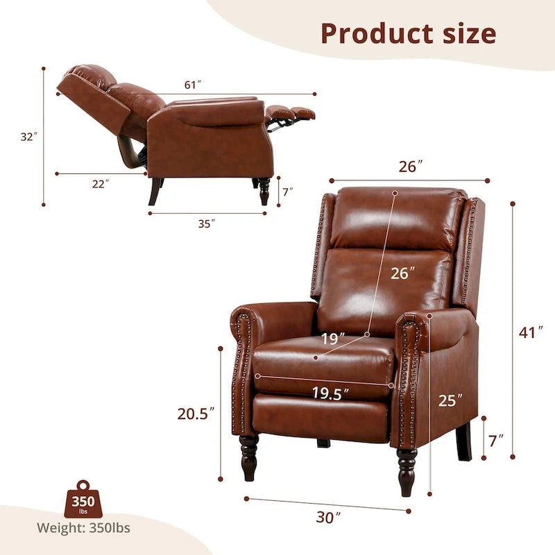 Mid-Century Genuine Leather Push-Back Recliner Armchair with Nailhead Trim