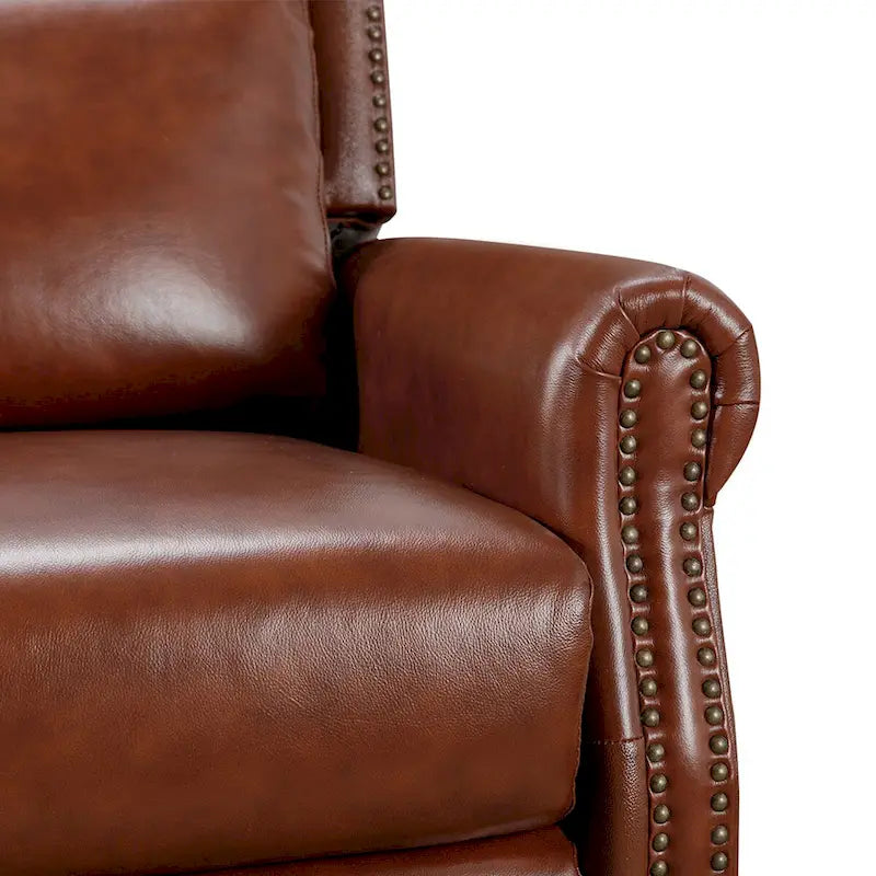 Mid-Century Genuine Leather Push-Back Recliner Armchair with Nailhead Trim