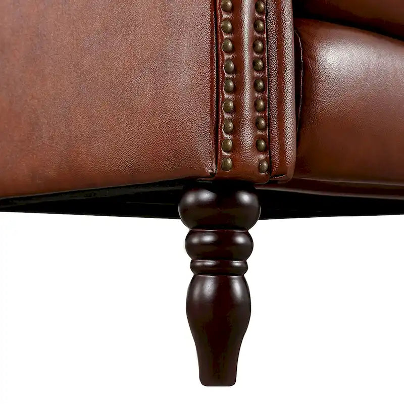 Mid-Century Genuine Leather Push-Back Recliner Armchair with Nailhead Trim