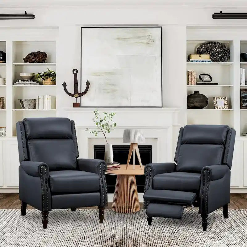 Mid-Century Genuine Leather Push-Back Recliner Armchair with Nailhead Trim
