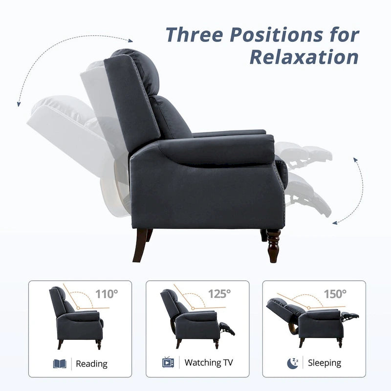 Mid-Century Genuine Leather Push-Back Recliner Armchair with Nailhead Trim