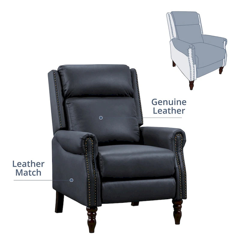 Mid-Century Genuine Leather Push-Back Recliner Armchair with Nailhead Trim